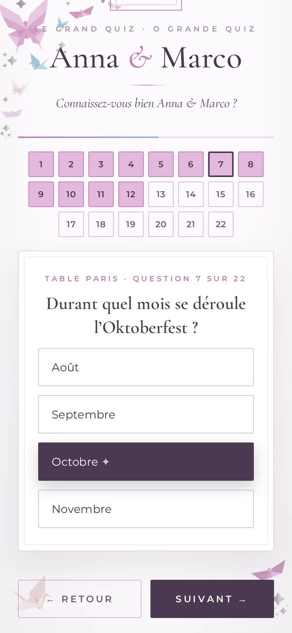 The overview shows which questions are answered. One tap jumps to any question.