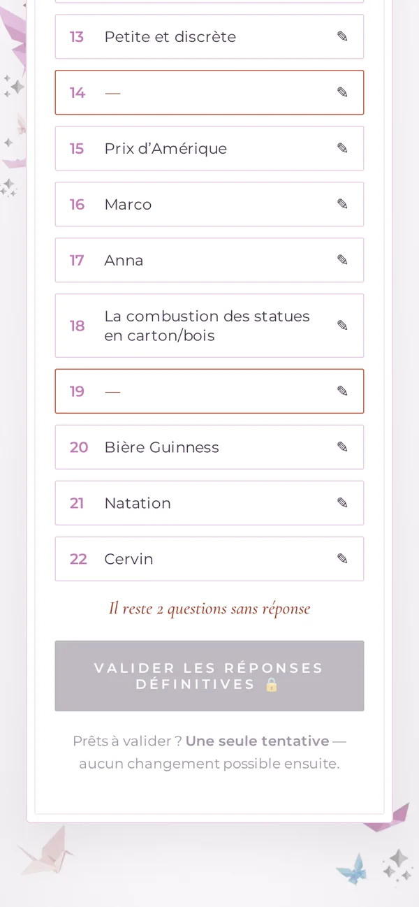 Before submitting: every answer at a glance, open questions marked in red.
