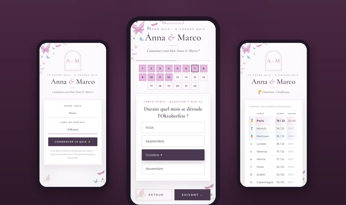 Wedding quiz — the web app on three phones (names changed)