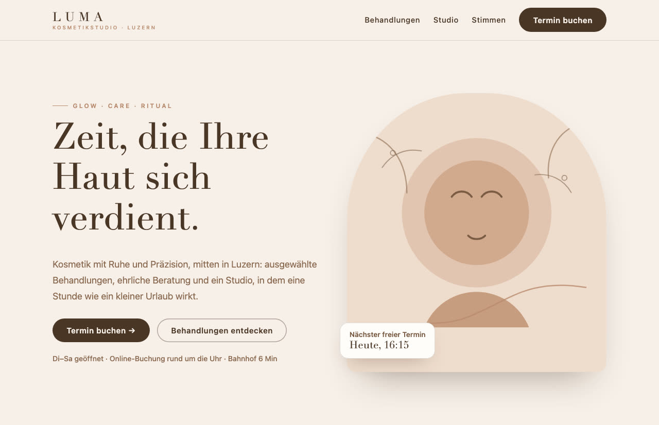 LUMA Kosmetikstudio — Startseite der Konzept-Studie